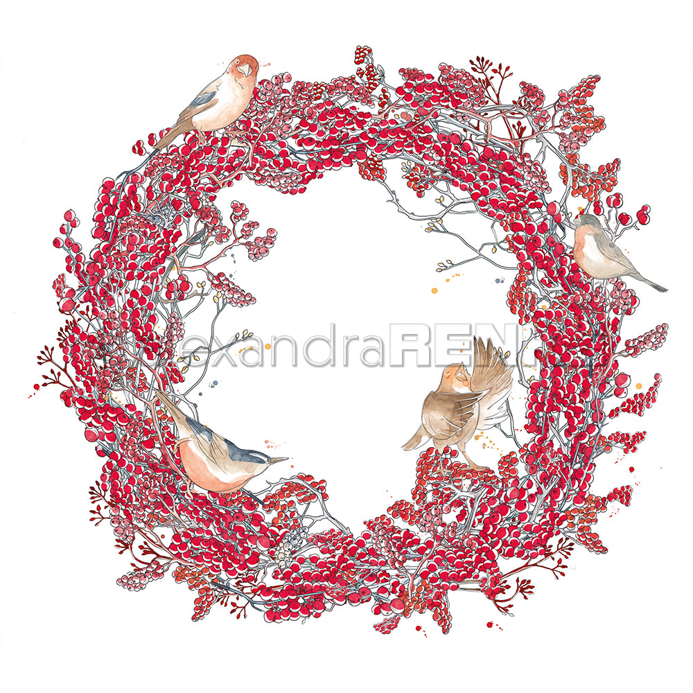 Design paper 'Floral christmas red berry wreath with birds'