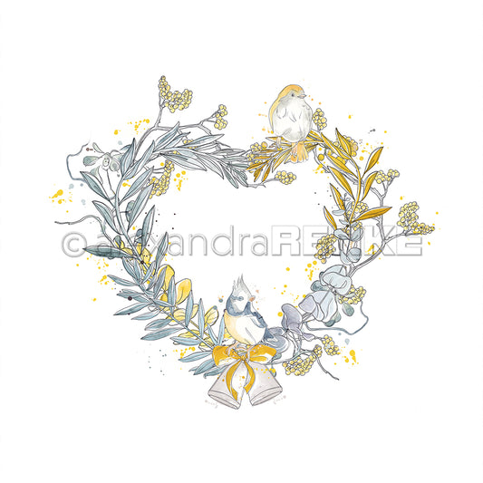 Design paper 'Floral christmas yellow heart wreath with birds'
