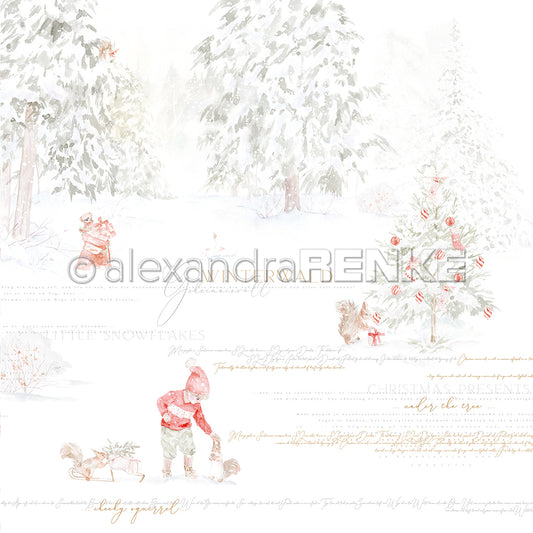 Designpapier 'Eichhörnchen und Junge im Weihnachtswald'