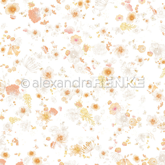 Design paper 'Yellow-orange floral flurry on white'