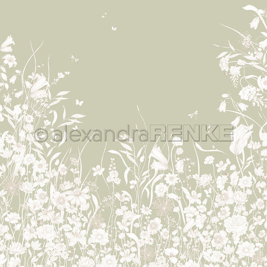 Designpapier 'Weiße Blumenvariation auf Silbergrün'
