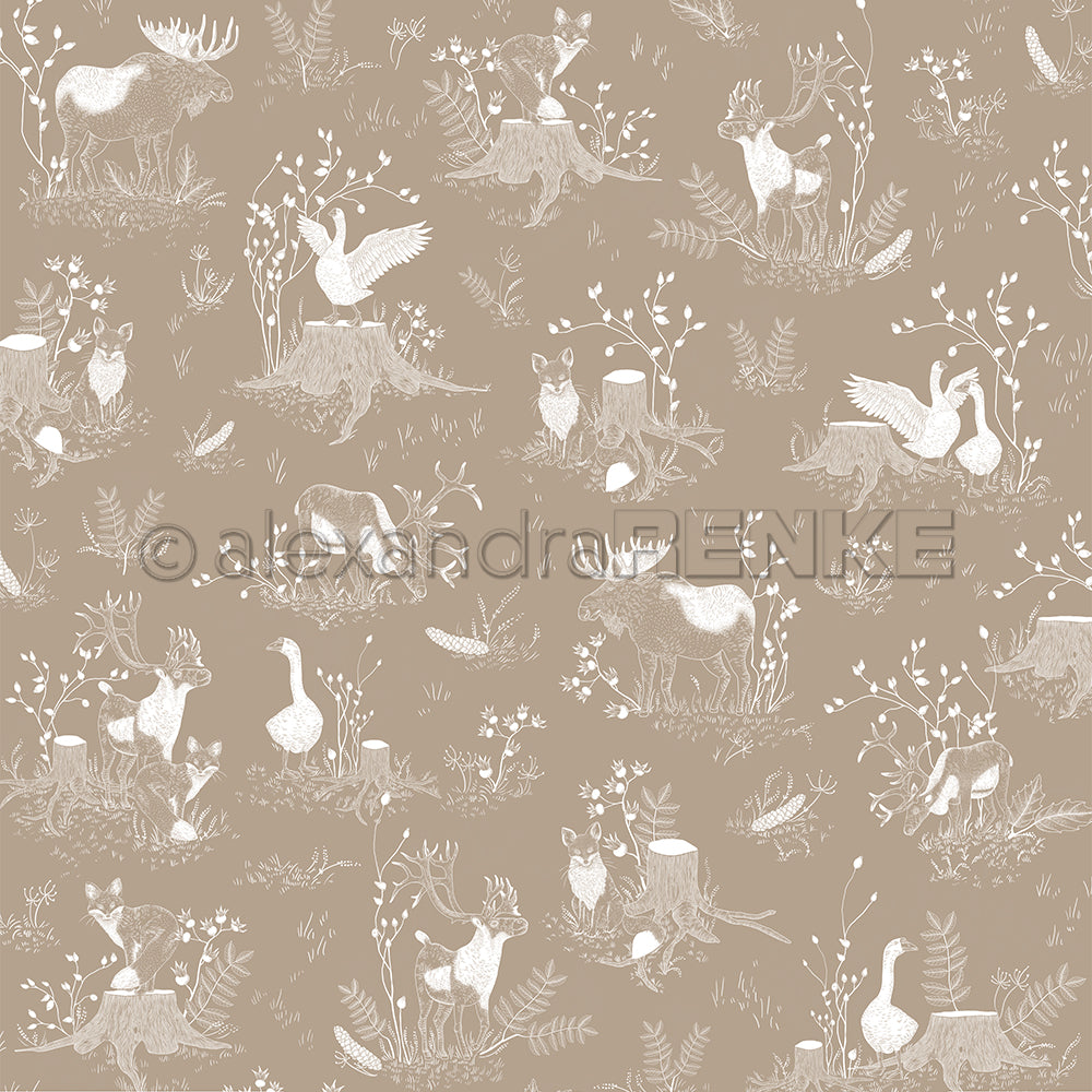 Design paper 'Moose and friends on cream brown'