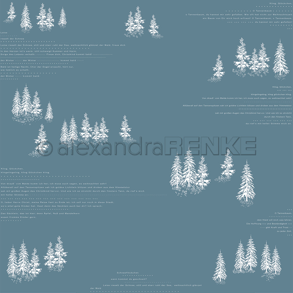 Design paper 'Snow covered fir trees typography on dusk blue'.